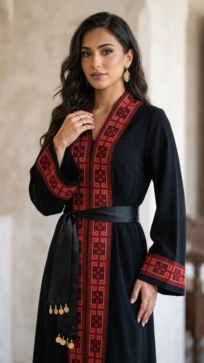 A woman modeling a black long robe with red and gold geometric embroidered borders, a black waist tie belt, and dangling gold coin accents, set against a softly blurred indoor background.