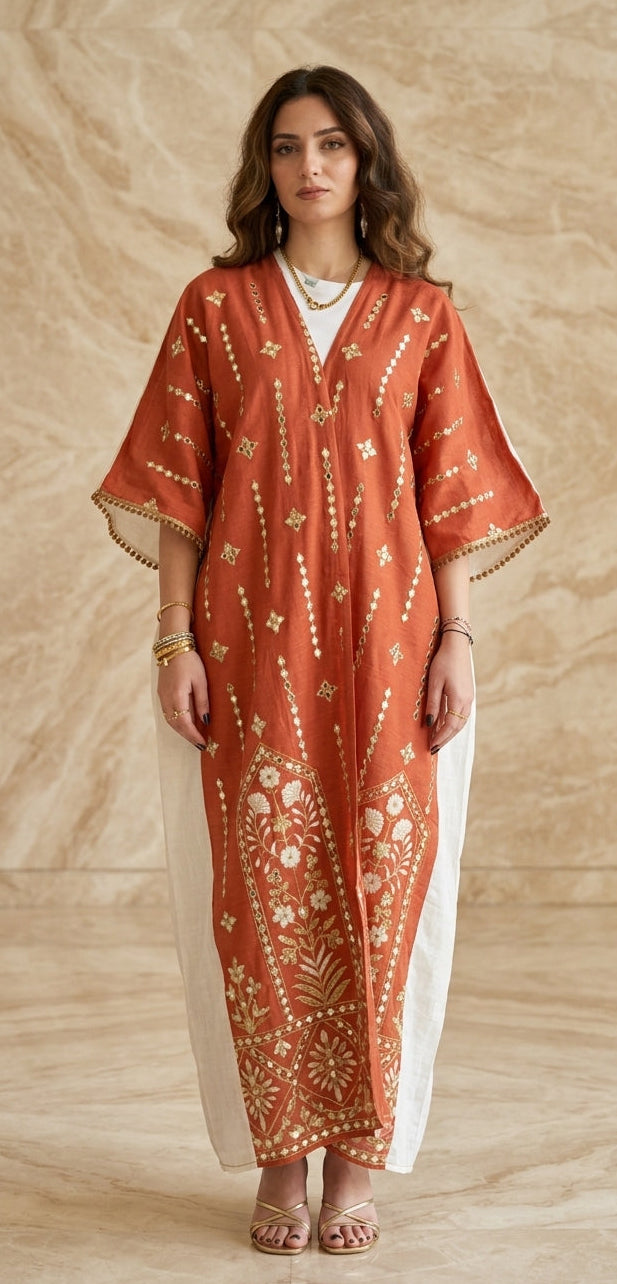 Terracotta Embroidered Kimono Abaya