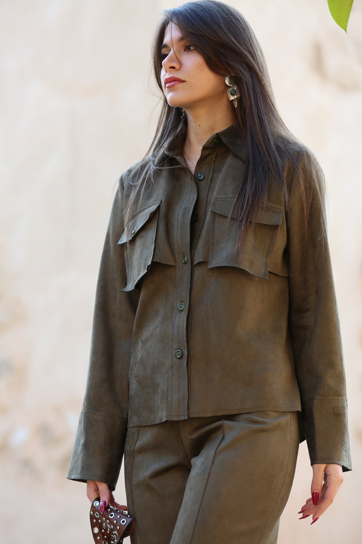 Suede Set Buttoned-Shirt with Pants