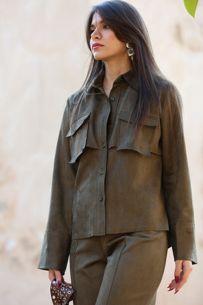 Suede Set Buttoned-Shirt with Pants