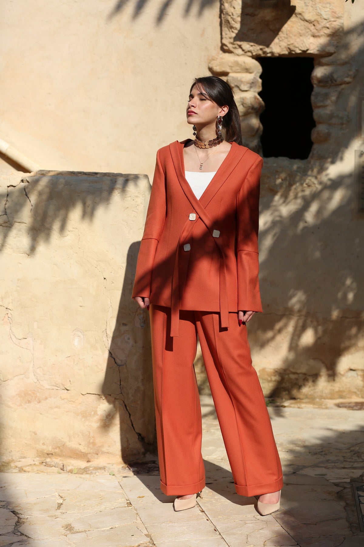 Tailored Straight-Leg Wool Trousers – Terracotta