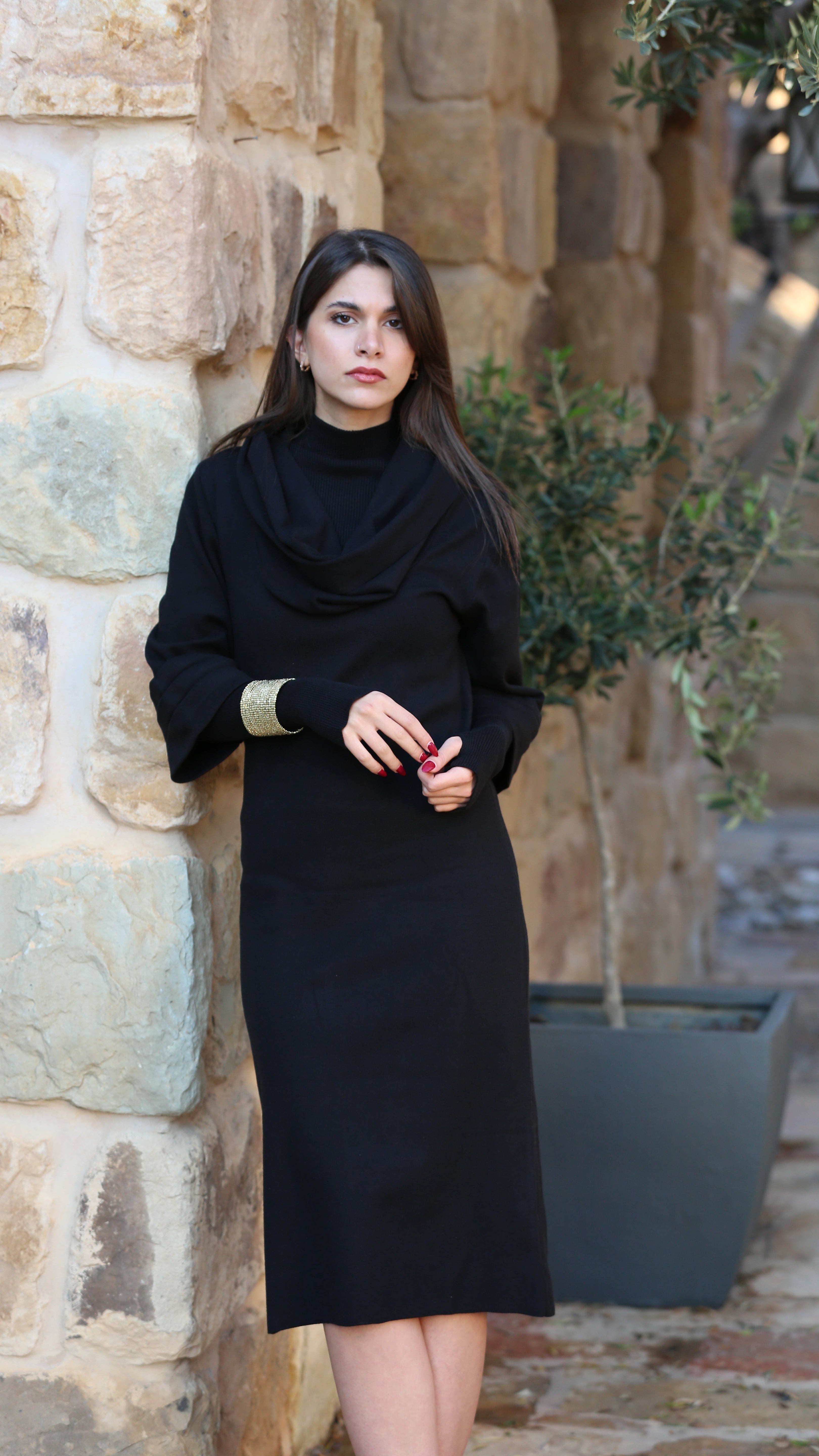 Knitted Midi Dress with Draped Collar