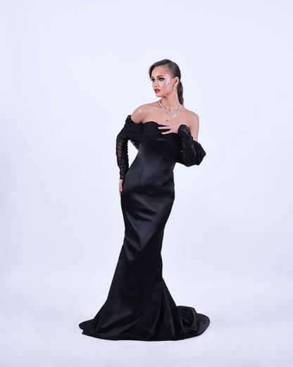 Black Off-Shoulder Mermaid Dress with Hand-Embroidered Tulle
