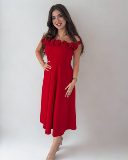 Glam Off-Shoulder Rose Midi Dress