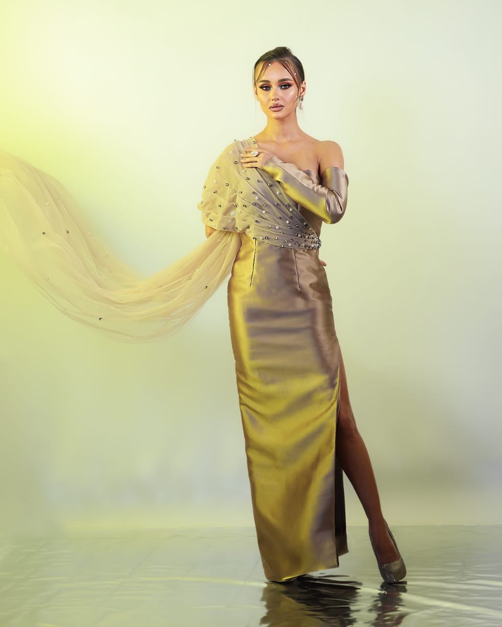 Mocha Off-Shoulder Mikado Dress with Crystal & Pearl Tulle