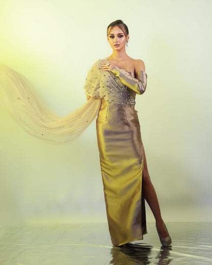 Mocha Off-Shoulder Mikado Dress with Crystal & Pearl Tulle