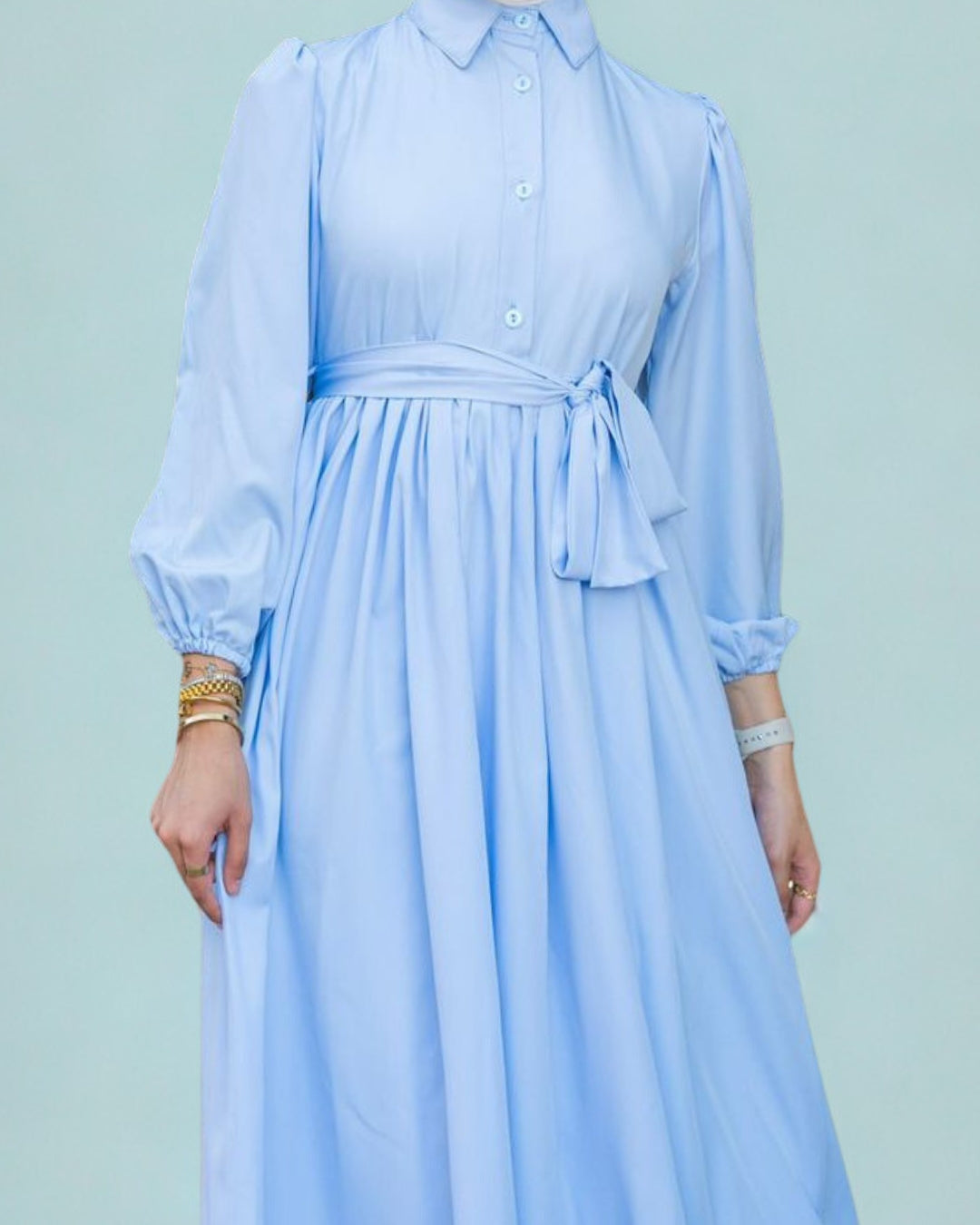 Light blue dress with a belt on a light green background