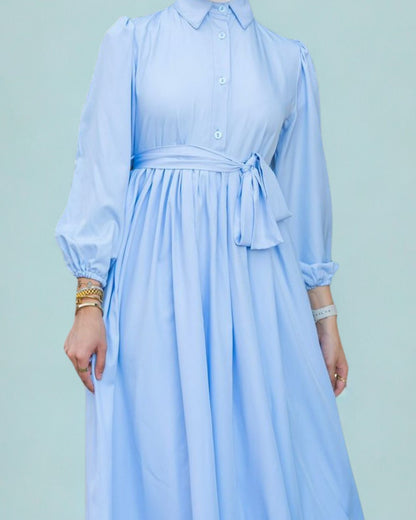 Light blue dress with a belt on a light green background