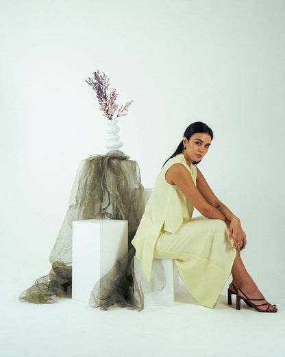 Shanbar Asymmetric Top – Draped Summer Rayon in Butter Yellow