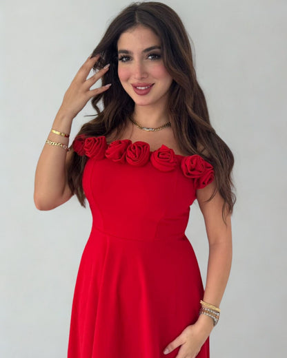 Glam Off-Shoulder Rose Midi Dress