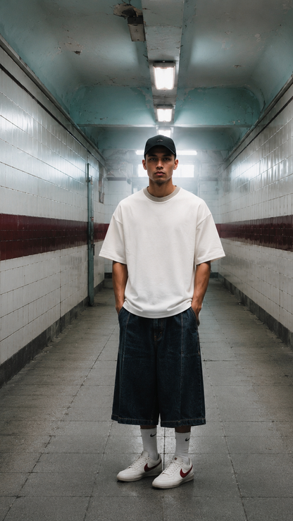 Man standing in a tiled hallway wearing a white t-shirt, dark shorts, and a cap.