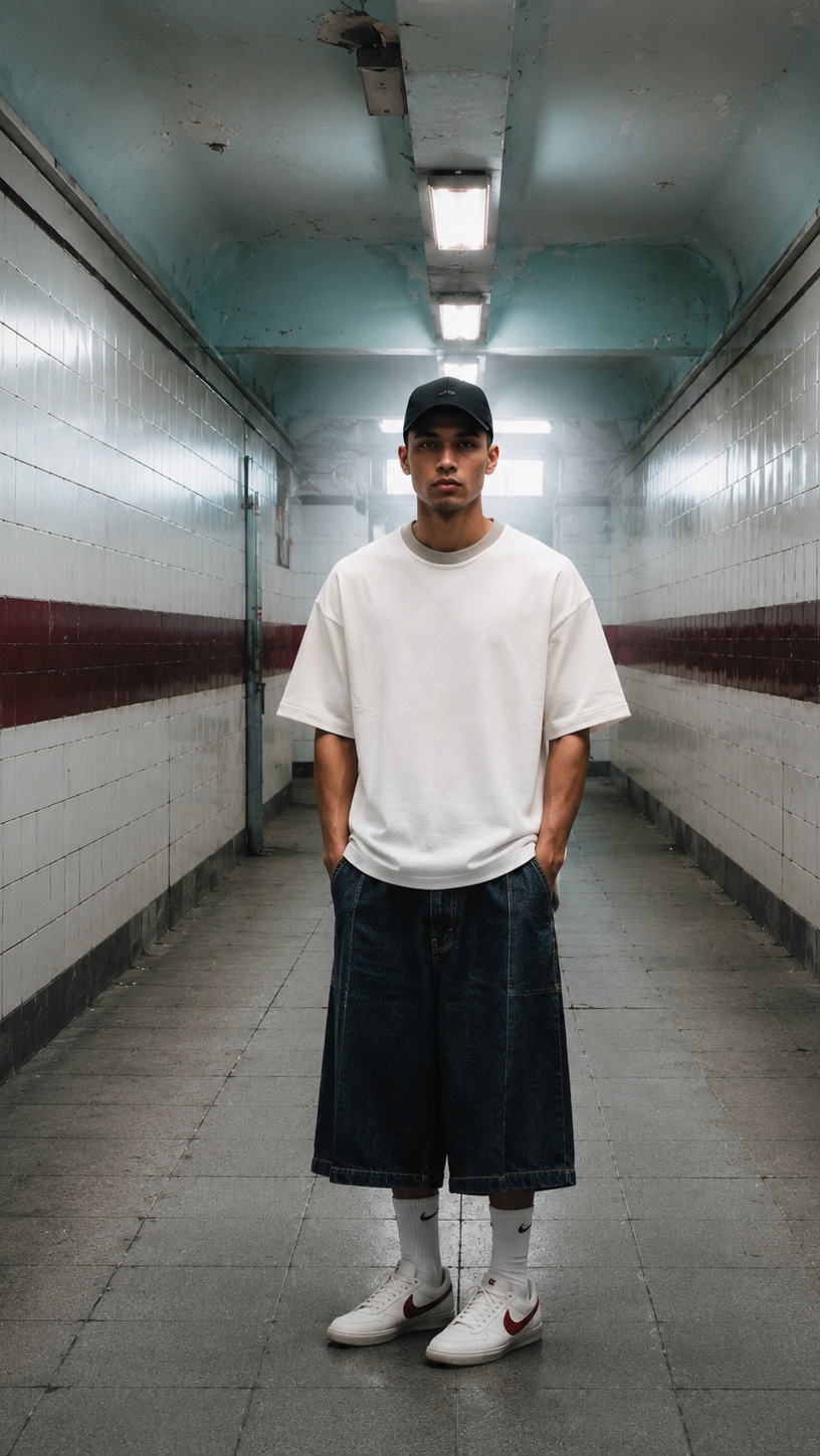 Man standing in a tiled hallway wearing a white t-shirt, dark shorts, and a cap.