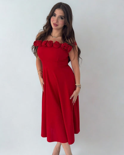 Glam Off-Shoulder Rose Midi Dress