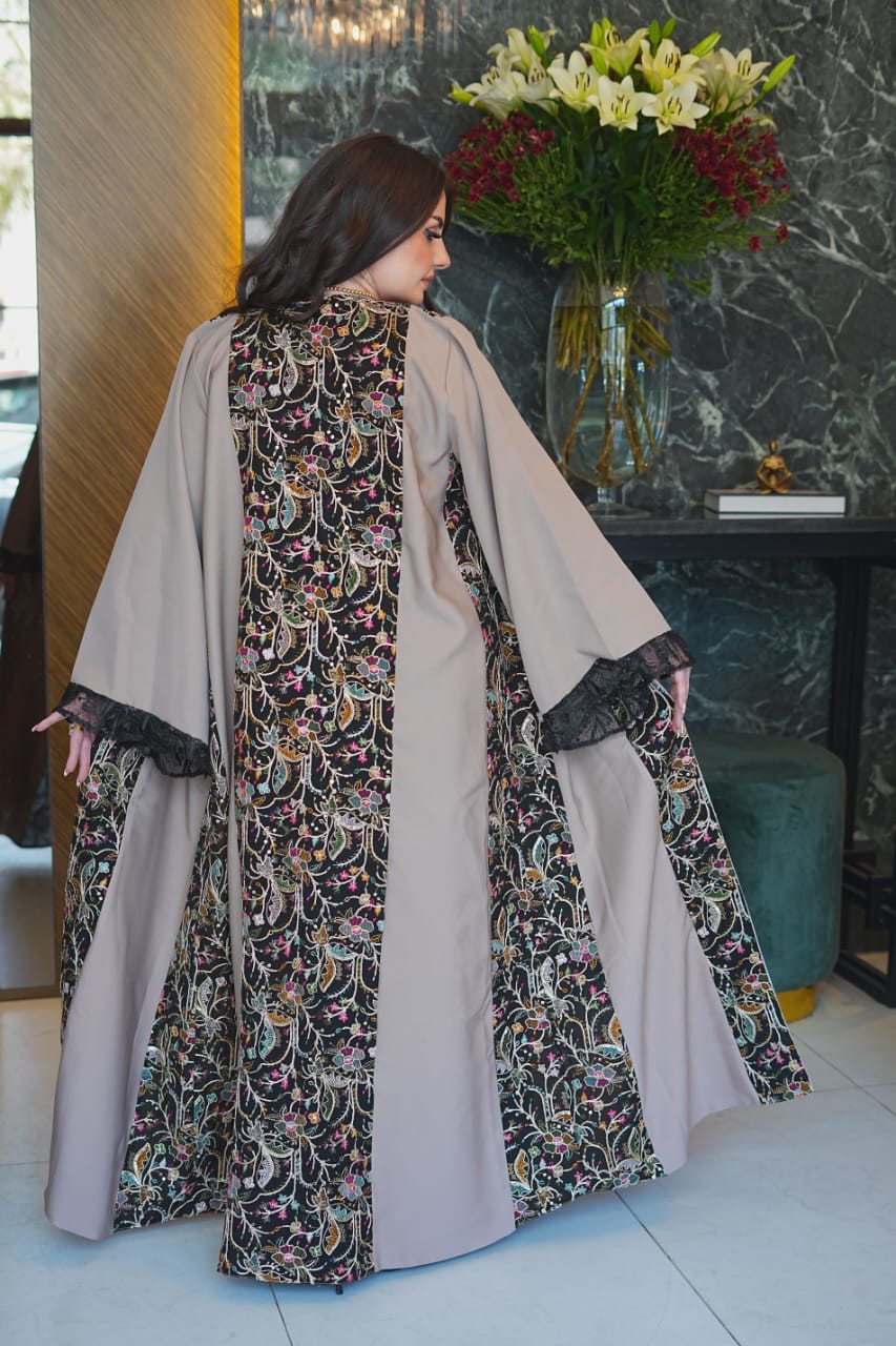 Taupe Embroidered Open Abaya