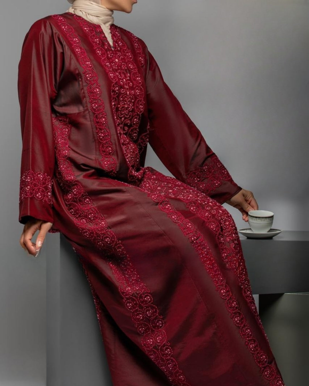 Luxurious Burgundy Ruslik Hand-Embroidered Dress