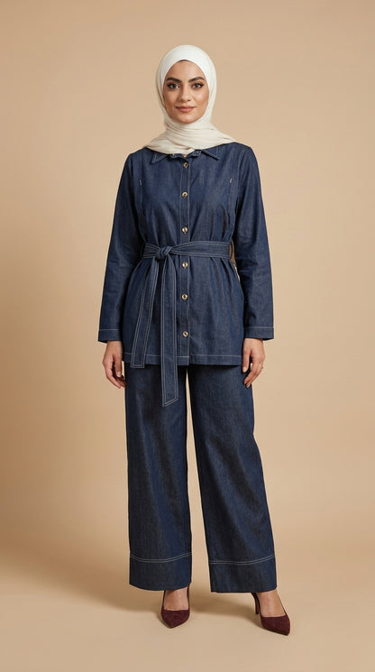 Woman wearing a denim outfit with a belt on a beige background