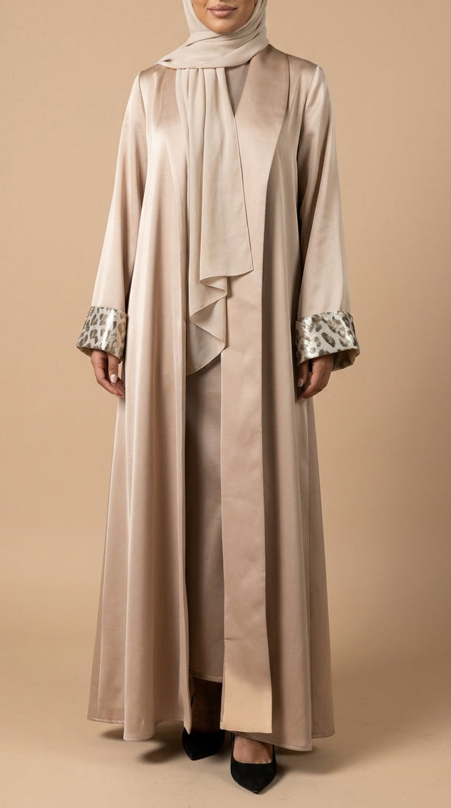 Beige Open Abaya with Leopard Print Details