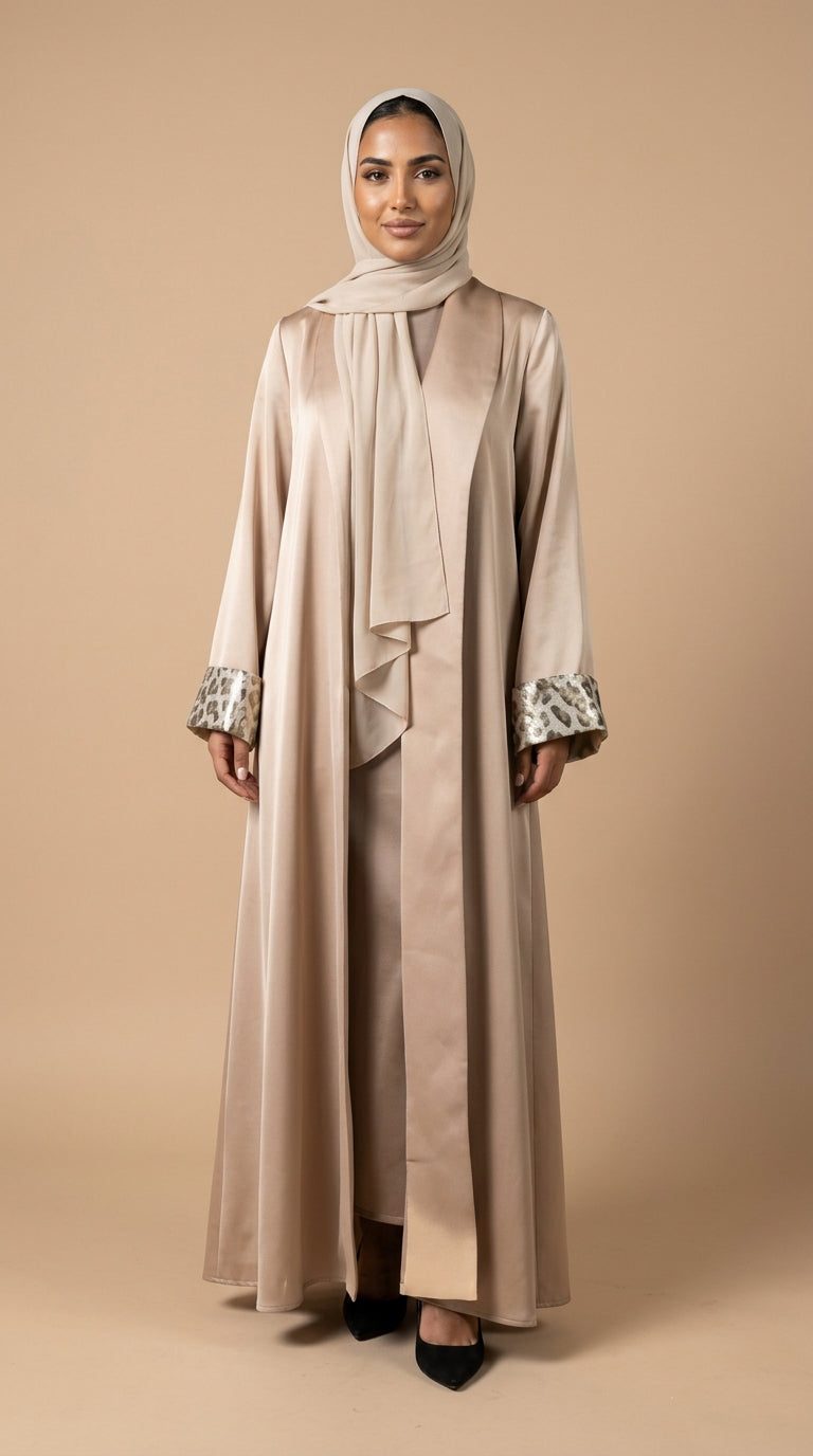 Beige Open Abaya with Leopard Print Details