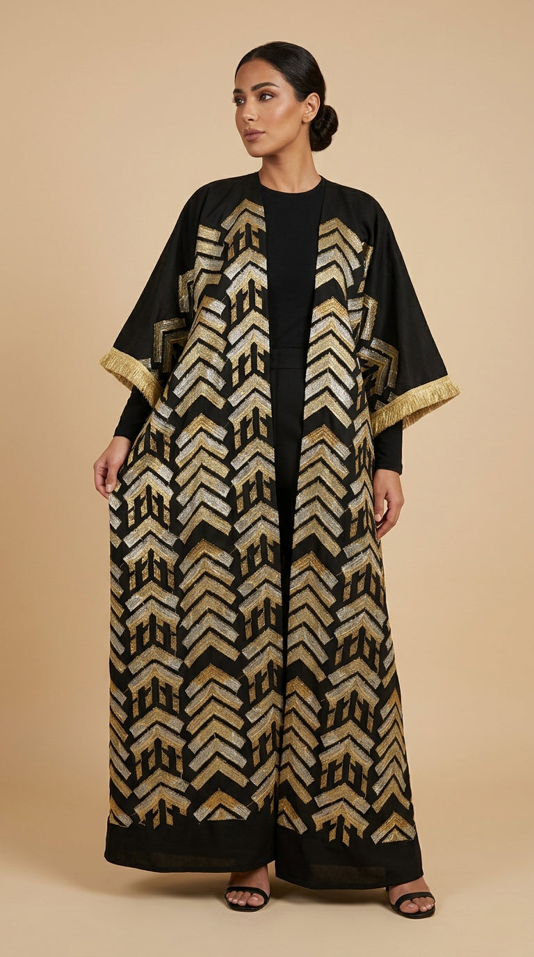 Black & Gold Geometric Embroidered Abaya