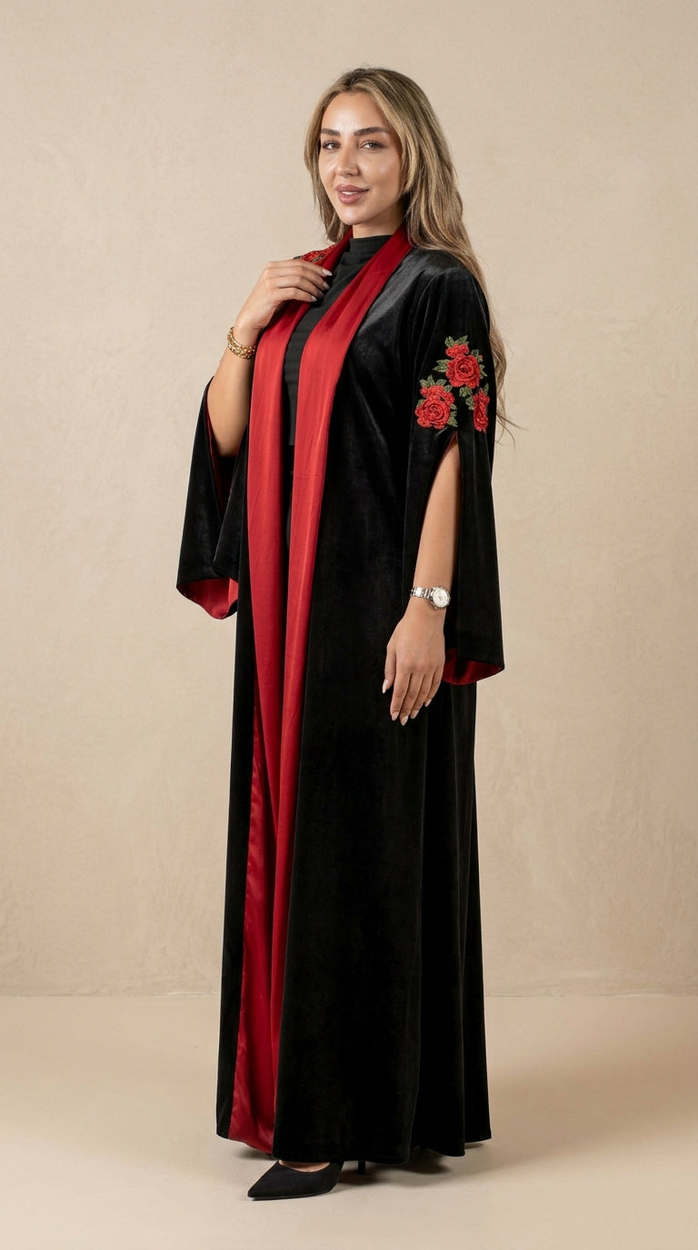 Black Open Abaya with Red Floral Embroidery