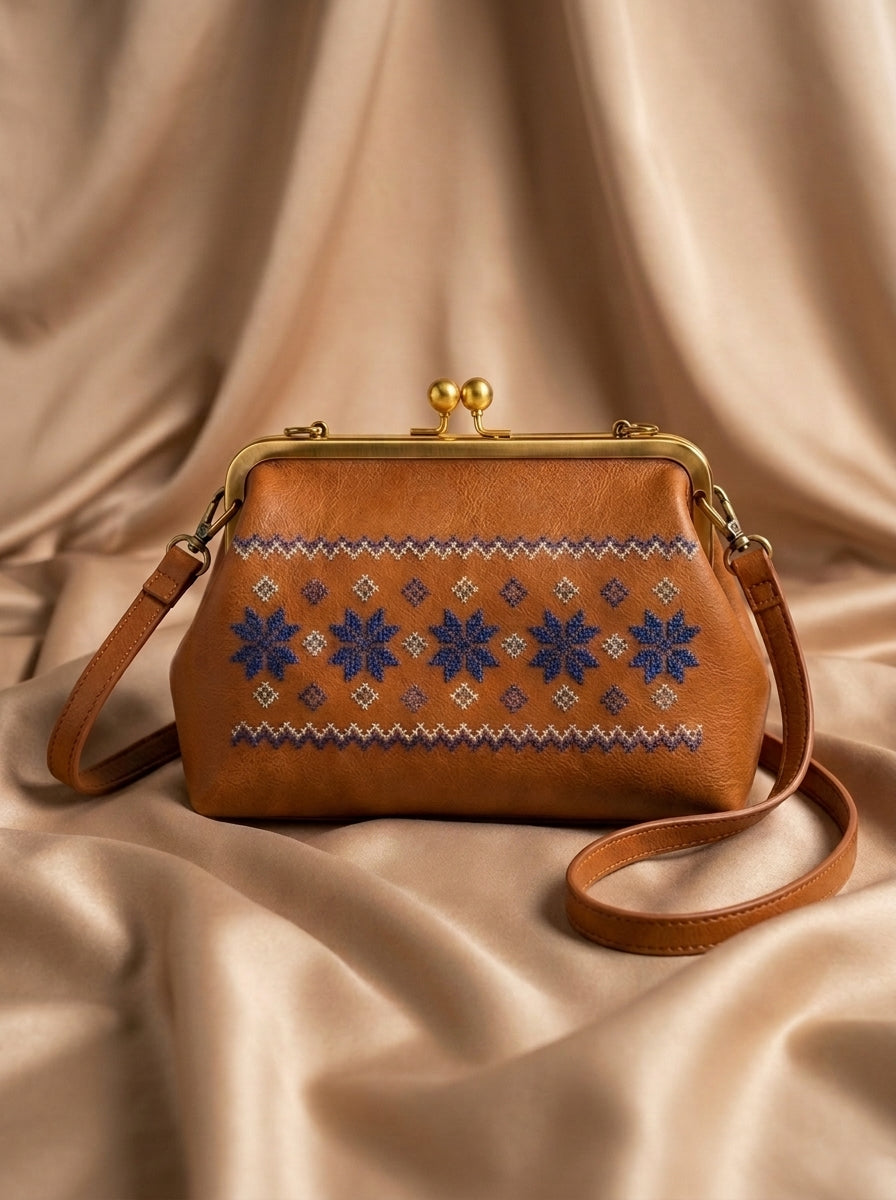 Folk-Art Tan Leather Embroidered Kiss-Lock Bag
