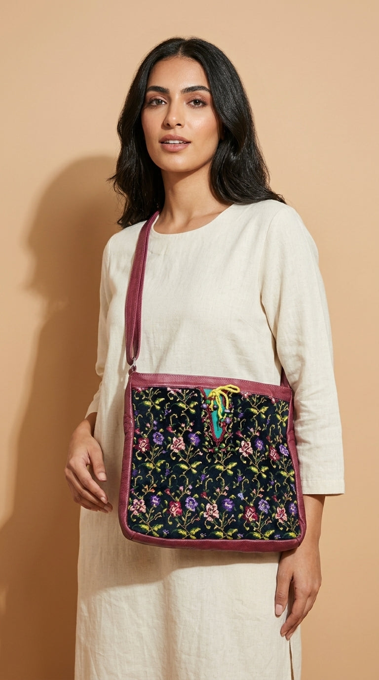 Woman holding a floral embroidered bag against a beige background