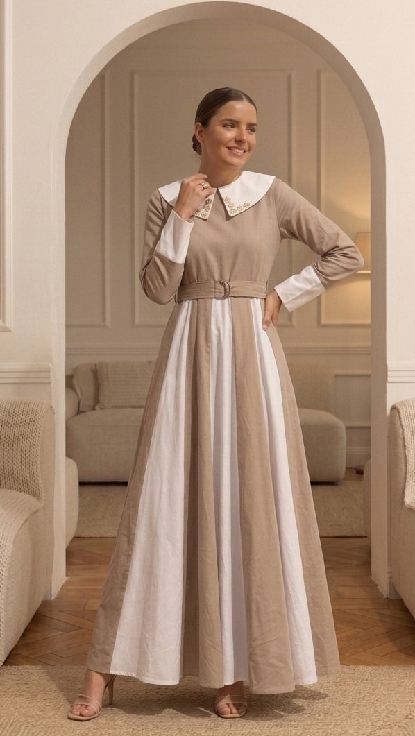 Elegant Beige & White Maxi Dress