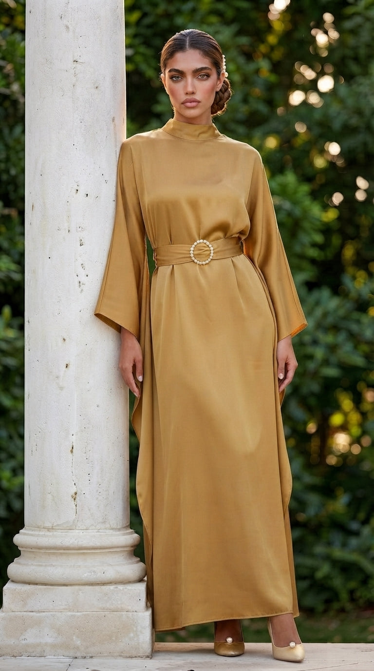 Elegant Gold Silk-Blend High-Neck Maxi Dress