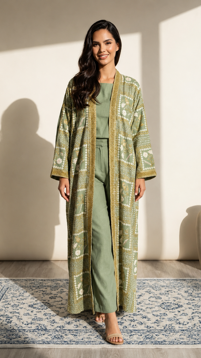 A woman stands barefoot on a patterned rug in a sunlit room, wearing a long sage green open-front cardigan with cream geometric patterns over an olive green matching set. A large beige vase sits against the wall on the right.