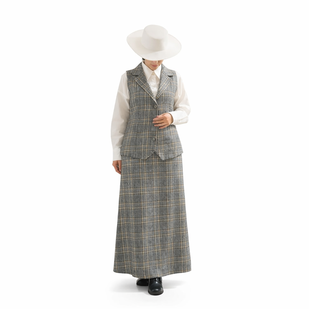 Person wearing a plaid suit and white hat on a white background