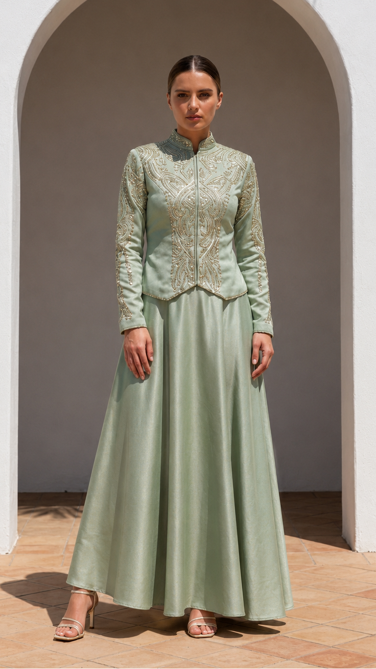 A woman stands in front of a white arched doorway wearing a long sage green traditional outfit with a fitted embroidered jacket and a full flowing skirt. The setting has a tiled floor and a palm leaf shadow on the wall.