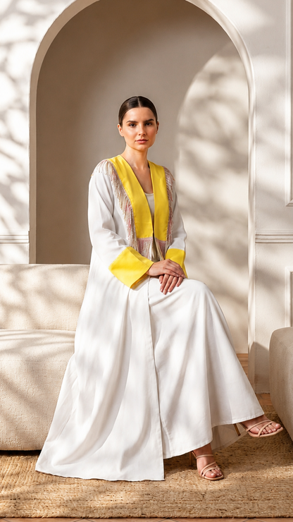 A woman sits on a beige sofa in a sunlit room with an arched alcove behind her. She is wearing a flowing white outfit with bright yellow draped accents and sandals.
