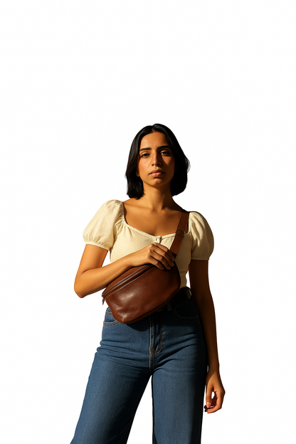 Woman holding a brown leather bag against a white background