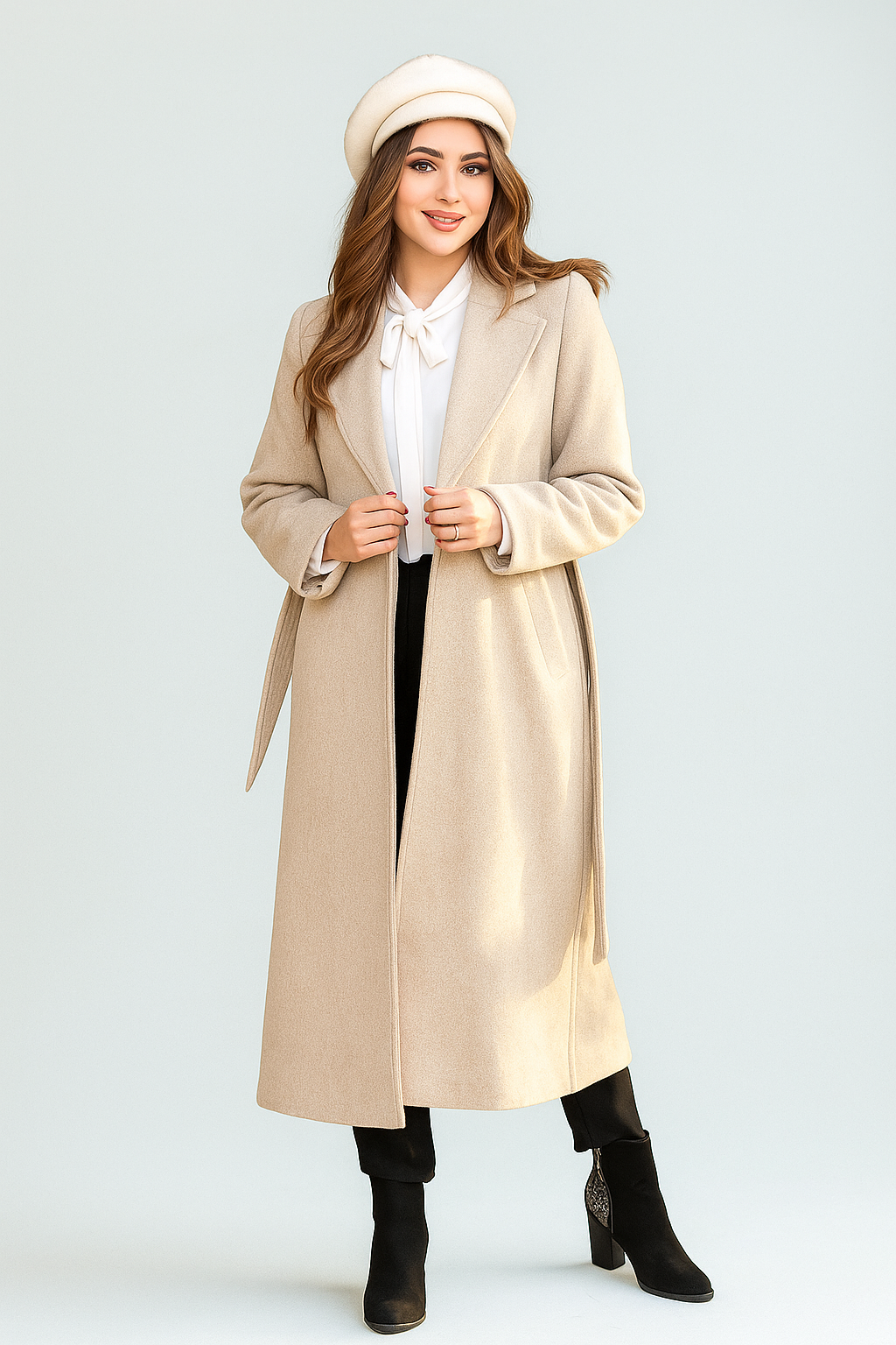 Woman wearing a beige coat, white blouse, black pants, and black boots on a light gray background