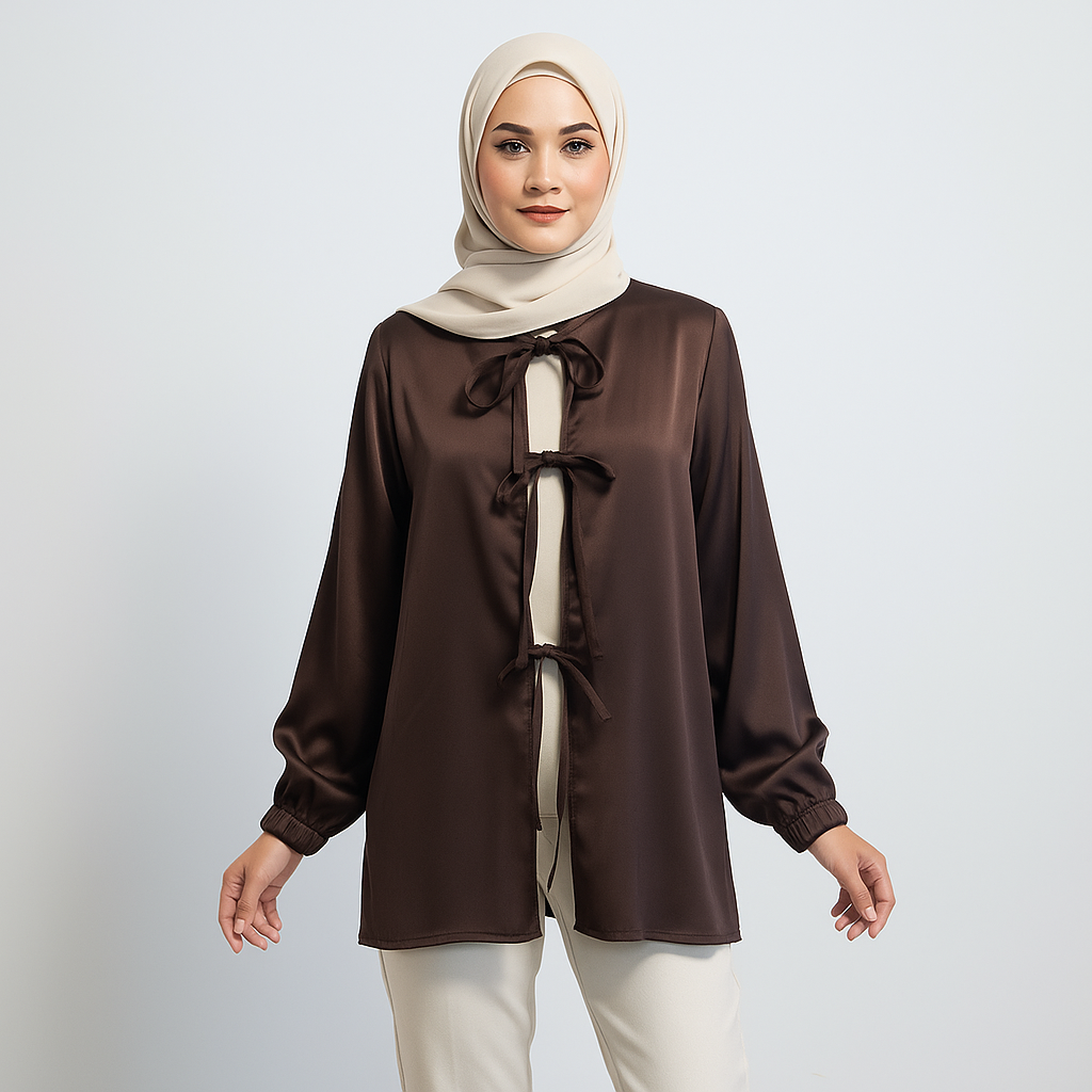 Woman wearing a brown blouse with a bow and beige hijab on a light gray background