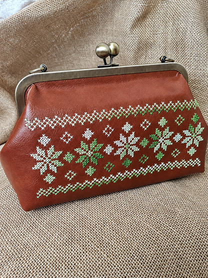 Folk-Art Tan Leather Embroidered Kiss-Lock Bag