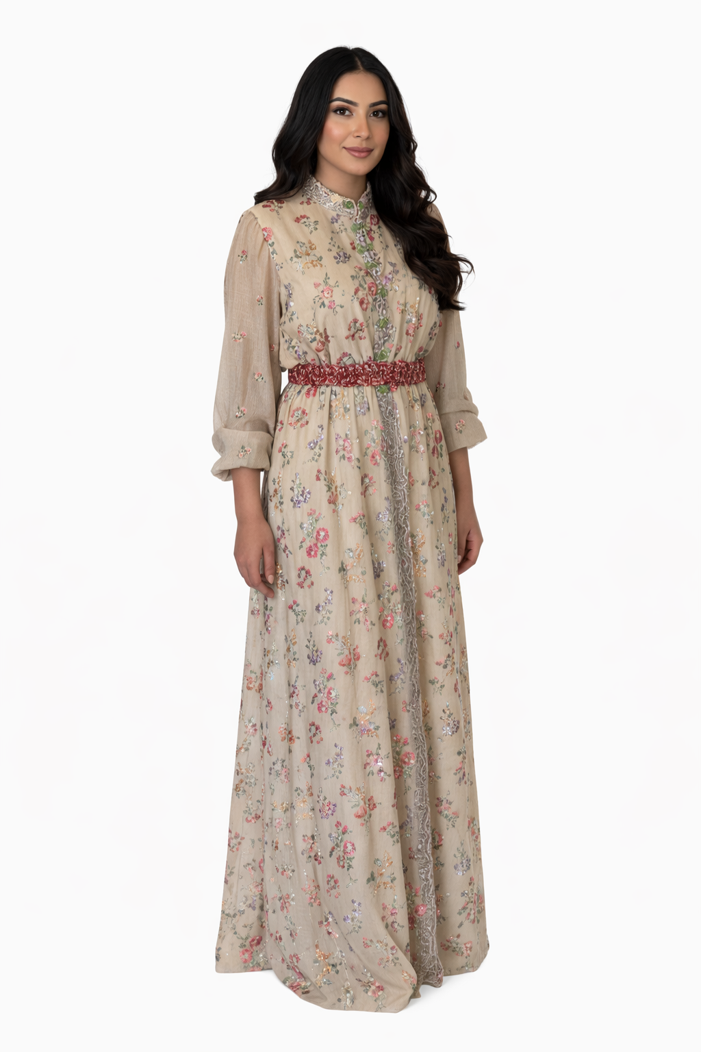 Woman wearing a floral dress with a belt on a white background