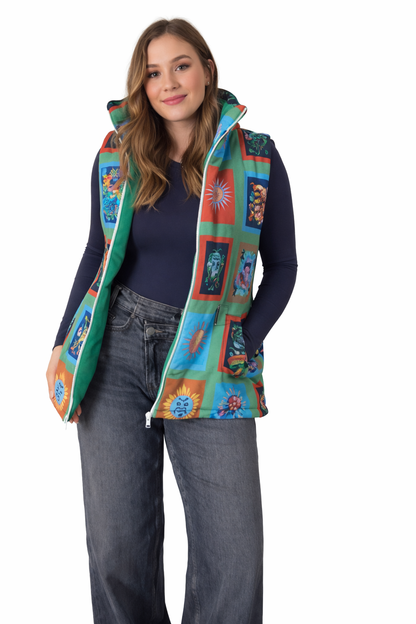 Woman wearing a colorful patterned vest on a white background