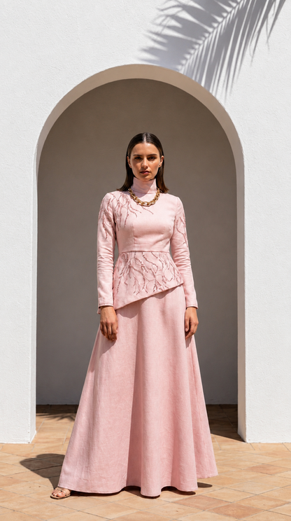 Soft Pink High-Neck Evening Dress