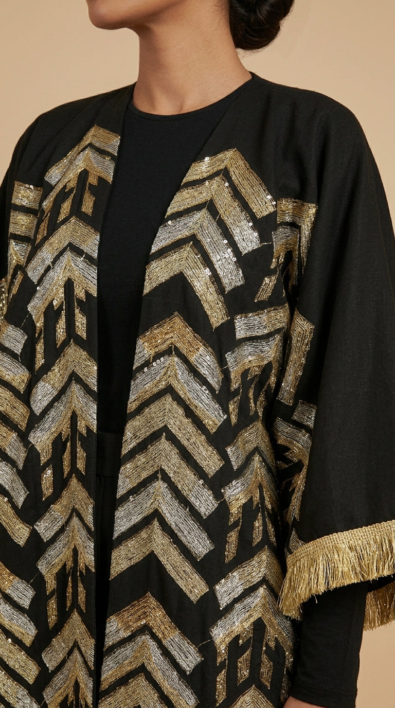 Black & Gold Geometric Embroidered Abaya