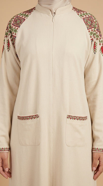 Cream Heritage Hand-Embroidered Linen Abaya