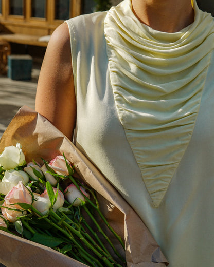 Shanbar Asymmetric Top – Draped Summer Rayon in Butter Yellow