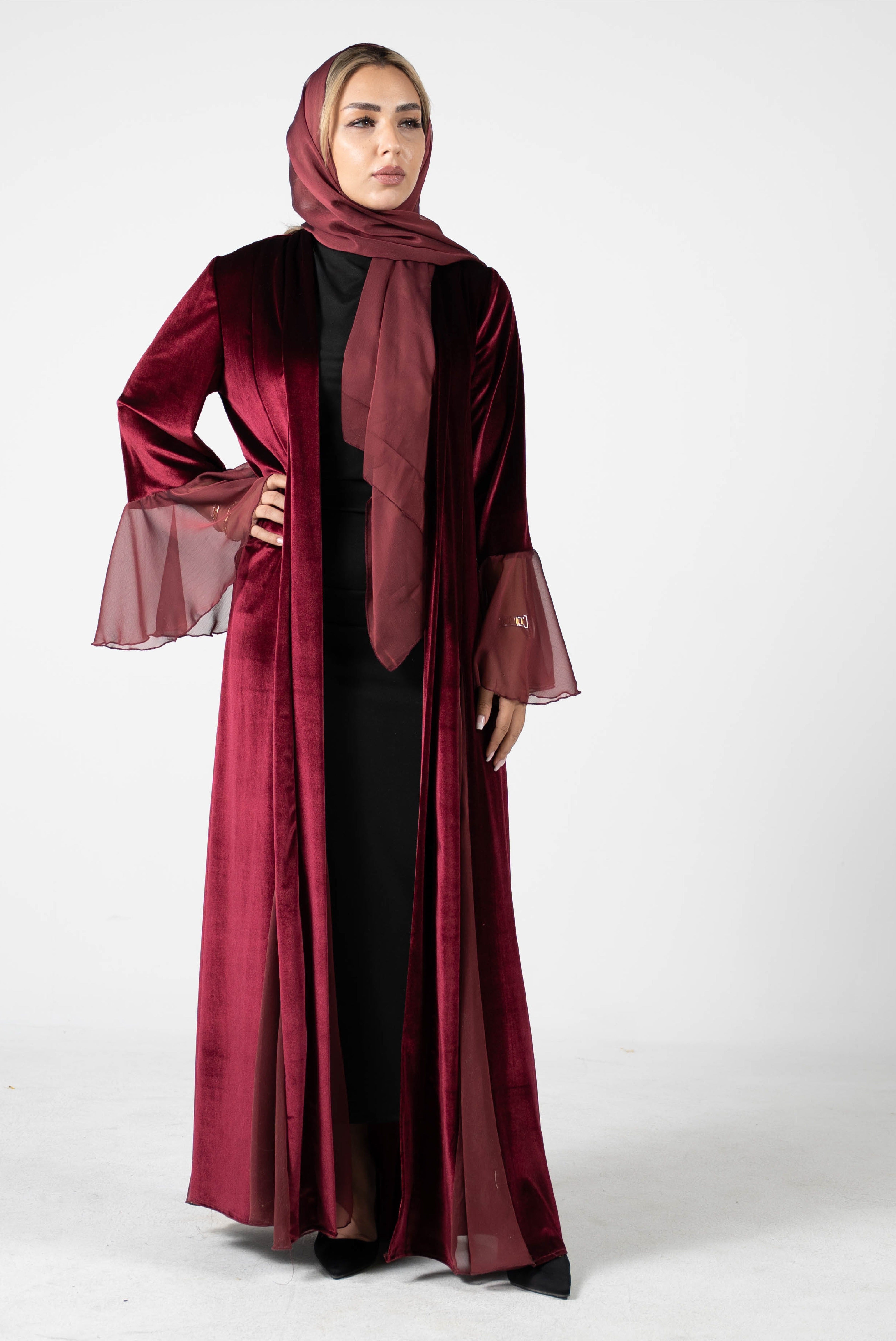 Burgundy Velvet Open Abaya with Chiffon Bell Sleeves