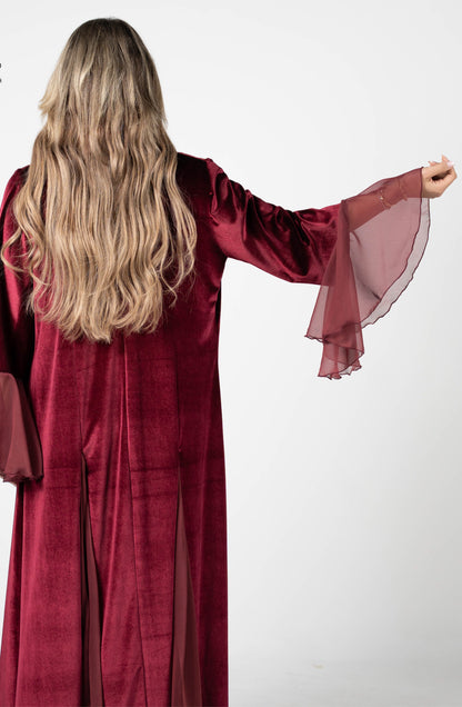 Burgundy Velvet Open Abaya with Chiffon Bell Sleeves