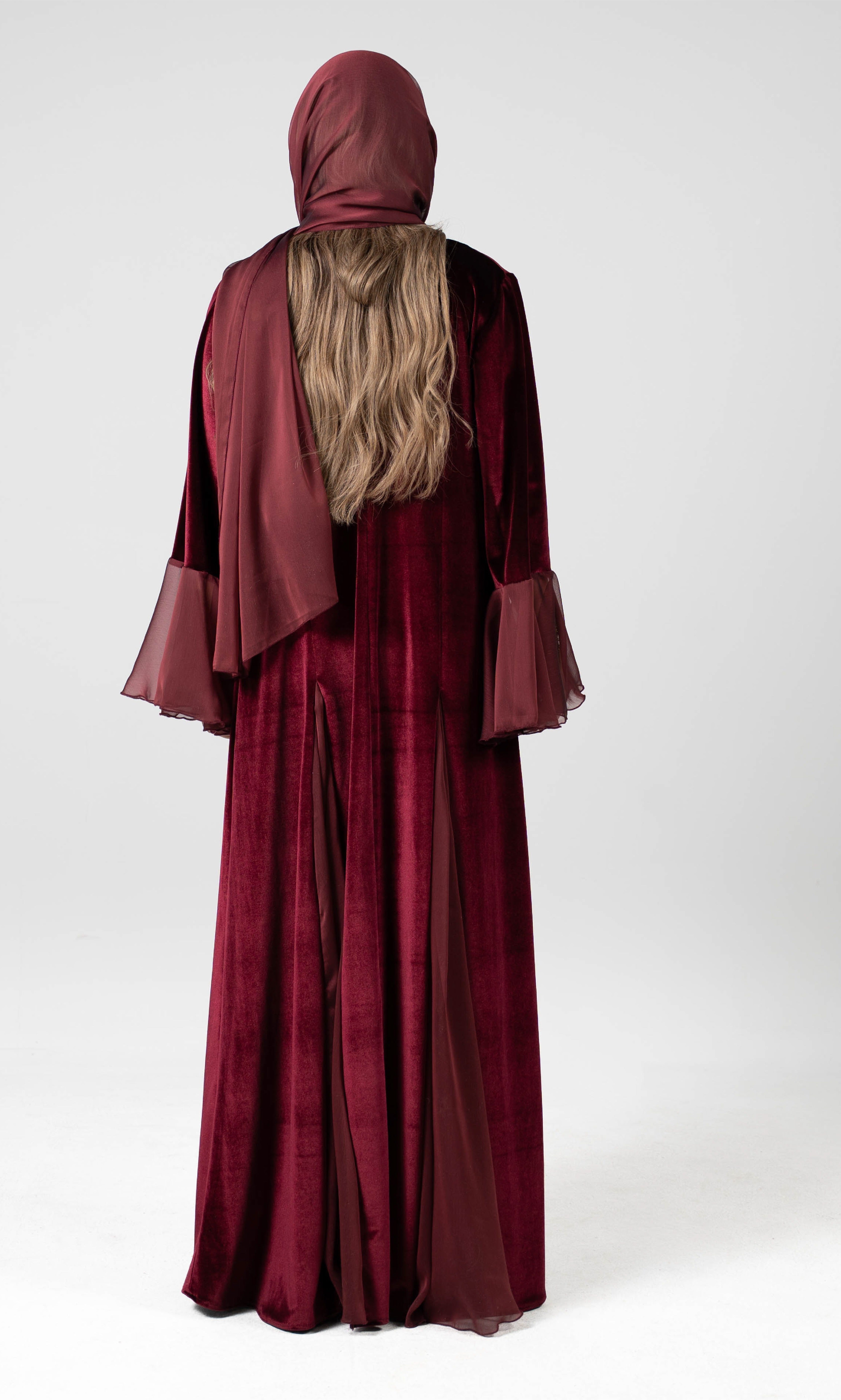 Burgundy Velvet Open Abaya with Chiffon Bell Sleeves
