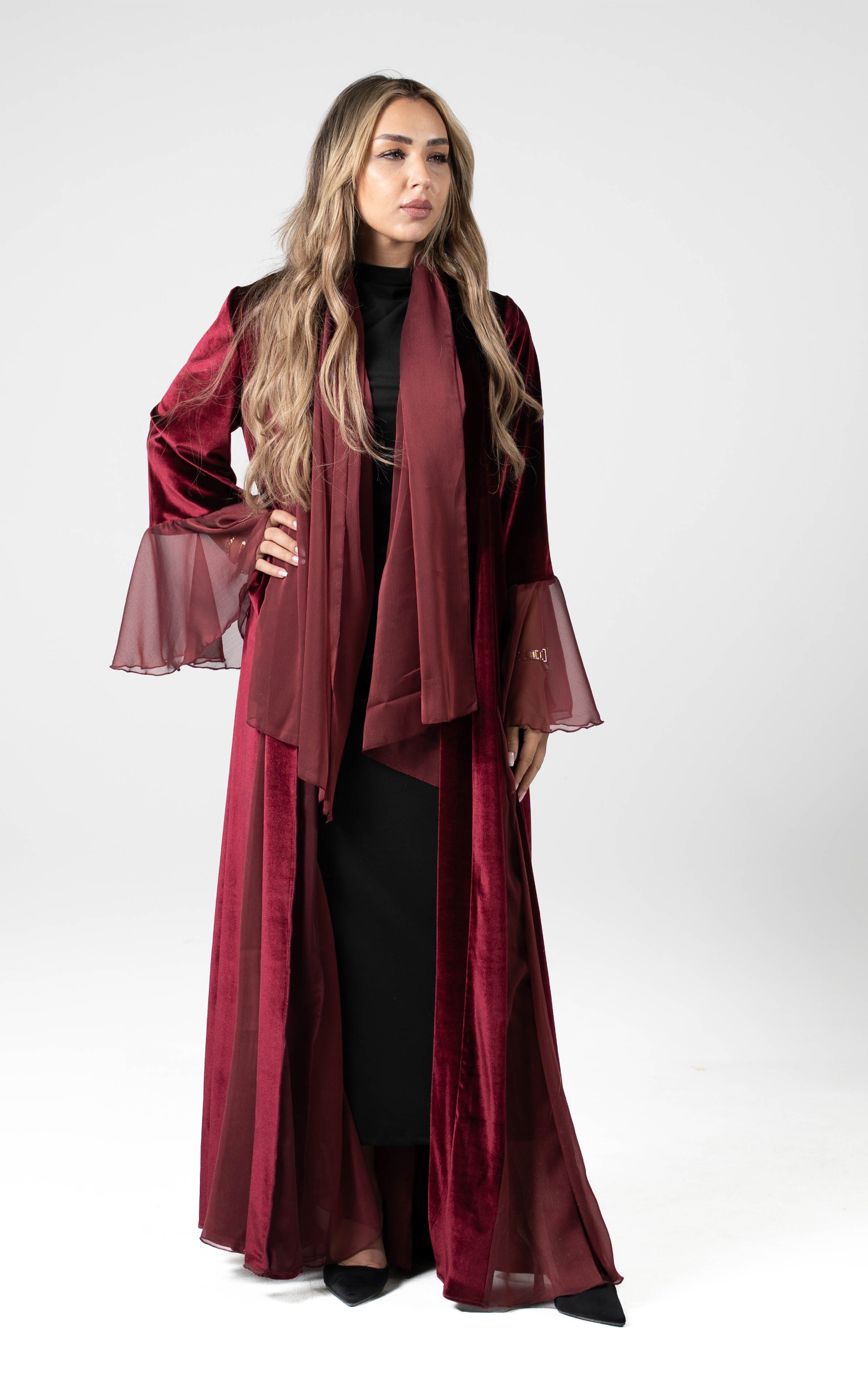Burgundy Velvet Open Abaya with Chiffon Bell Sleeves