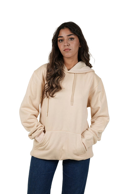 Woman wearing a beige hoodie on a white background