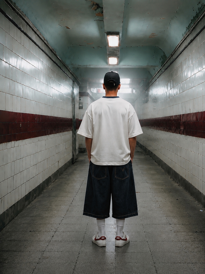 Person standing in a long, narrow hallway with tiled walls and a red stripe.