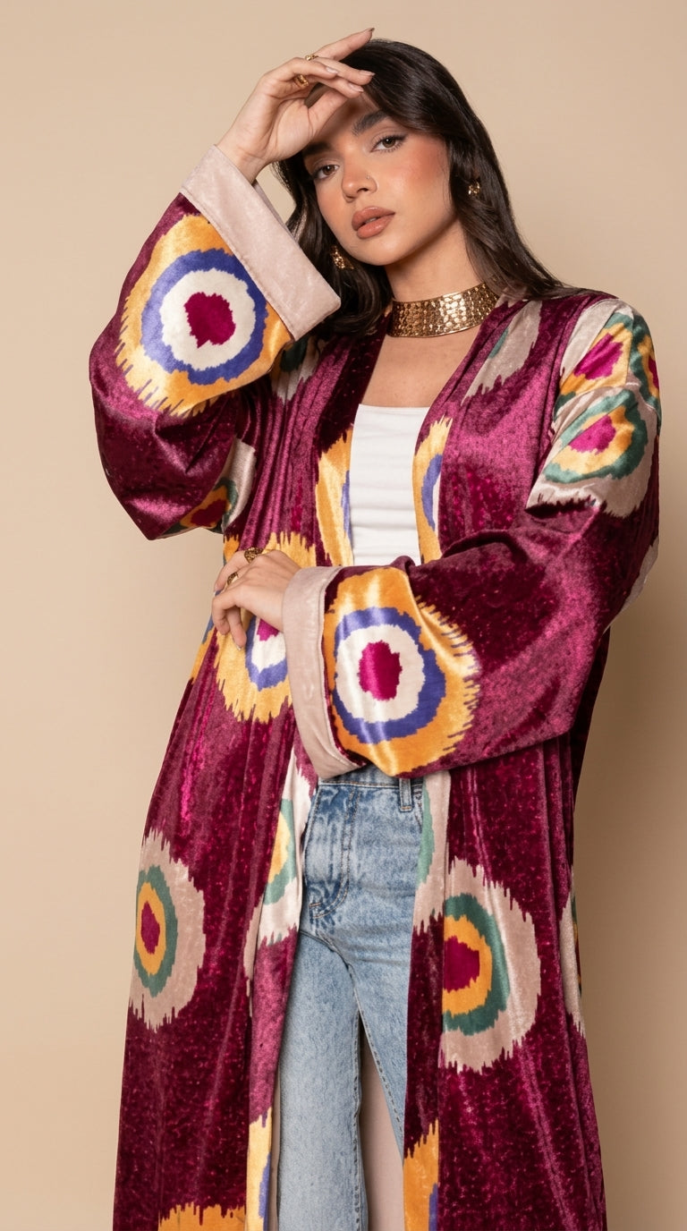 Woman wearing a colorful, patterned dress with a beige background