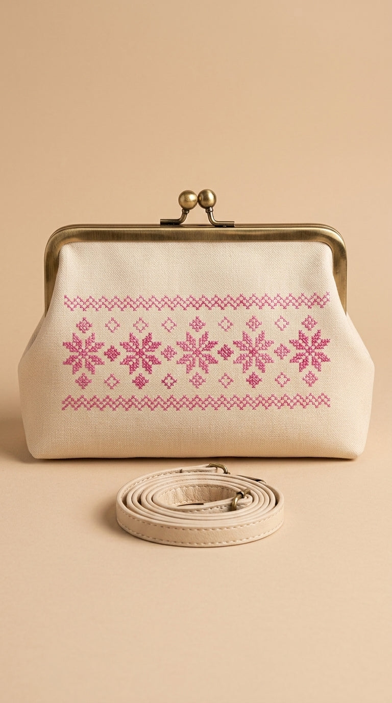 Folk-Art Cream Leather Embroidered Kiss-Lock Bag